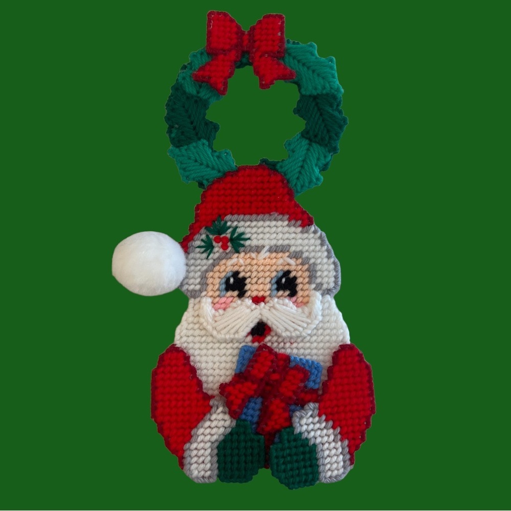Vintage Hard Plastic Needlepoint Santa Door Hanger Christmas Holiday Wreath Bow